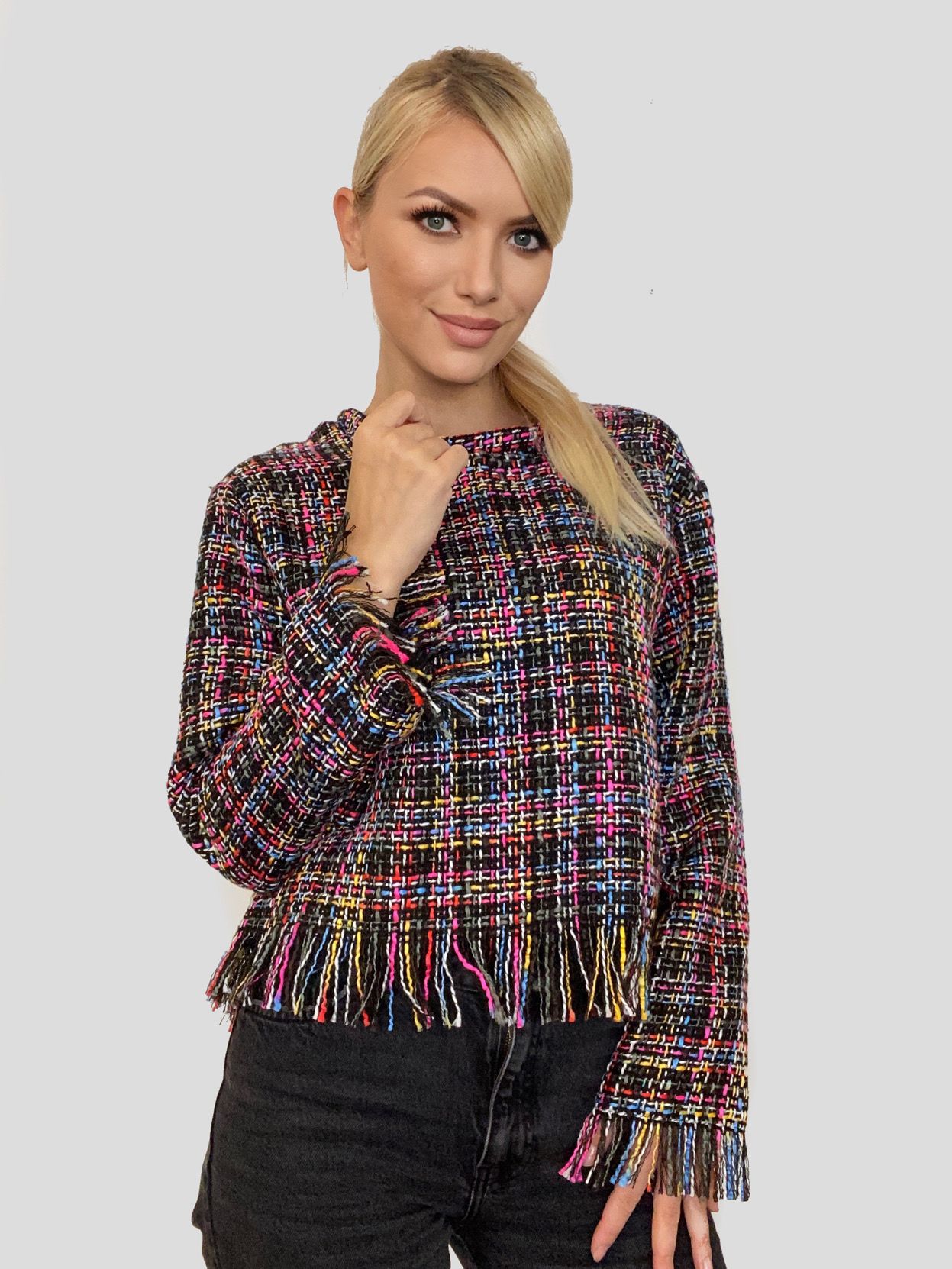 Bluza tweed multicolor cu franjuri – Fashion